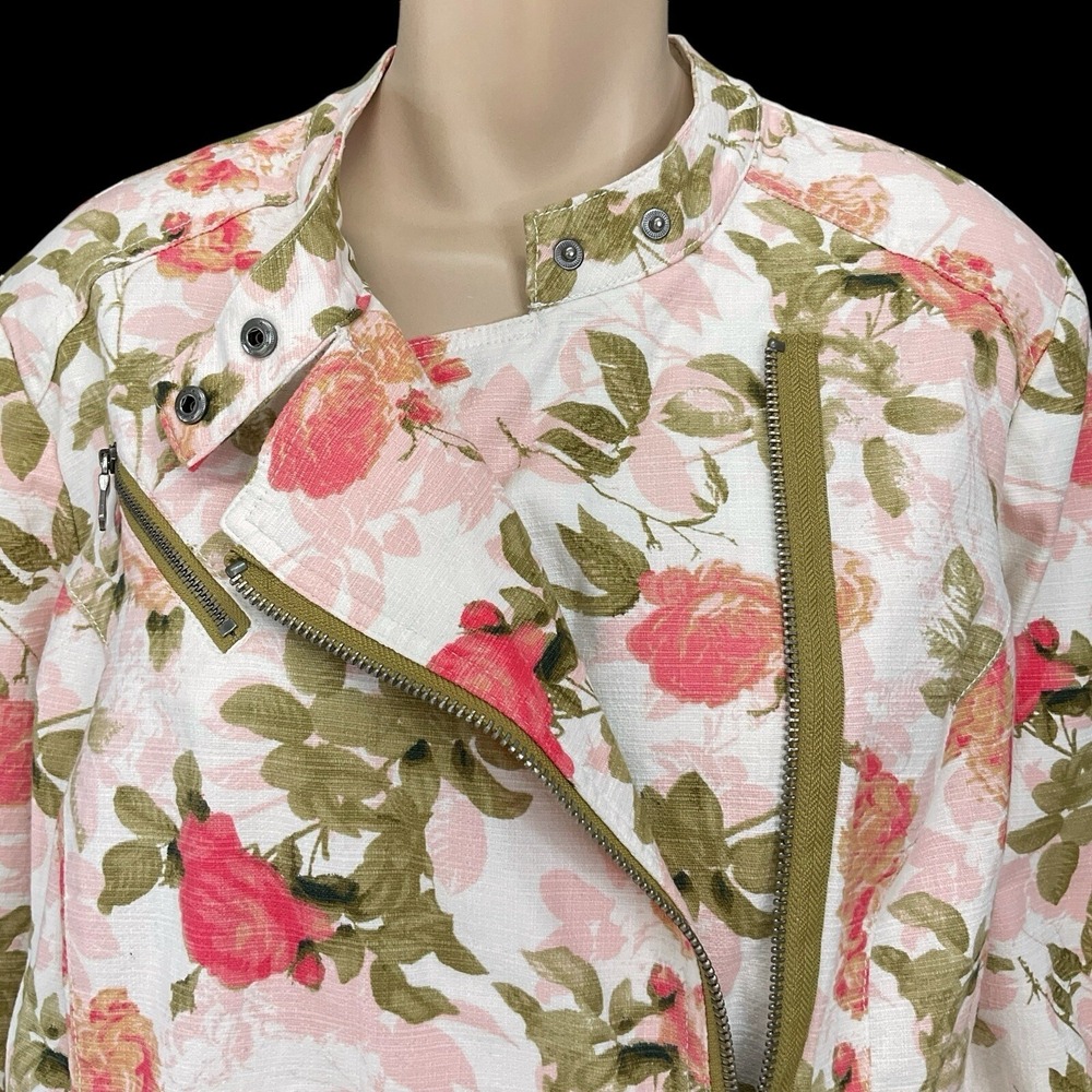 Lane Bryant Jacket Women 18 Ivory Pink Floral Long Sleeve Zip Moto Pockets NWT - Picture 3 of 16